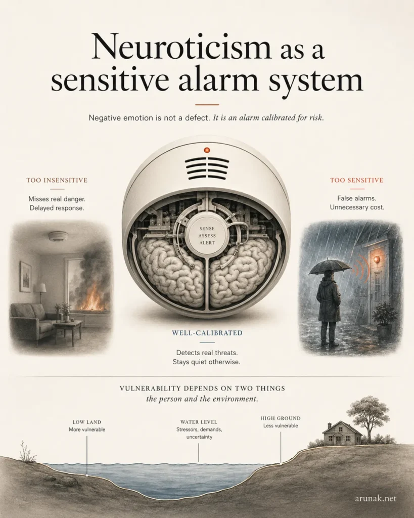 Conceptual figure for Personality by Daniel Nettle showing neuroticism as a smoke alarm calibrated for danger and false alarms.