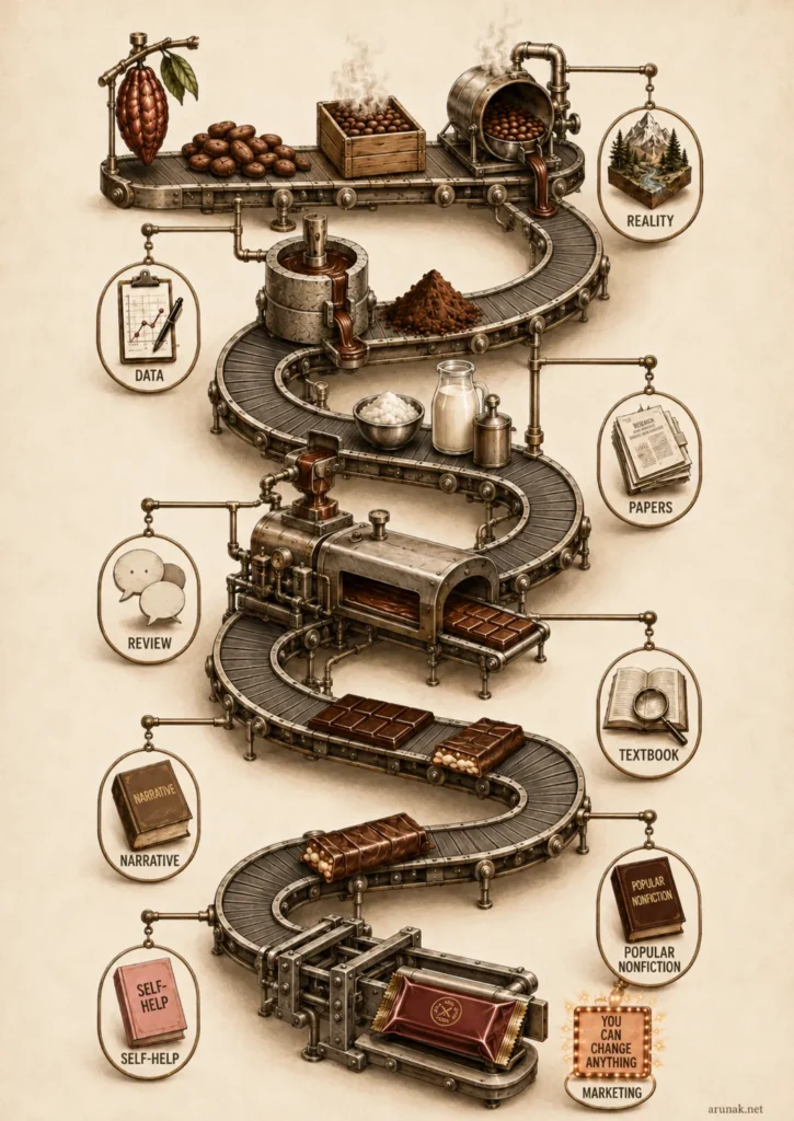 A vertical illustration compares how to choose the right nonfiction books to a chocolate production line, moving from reality and data to self-help and marketing.