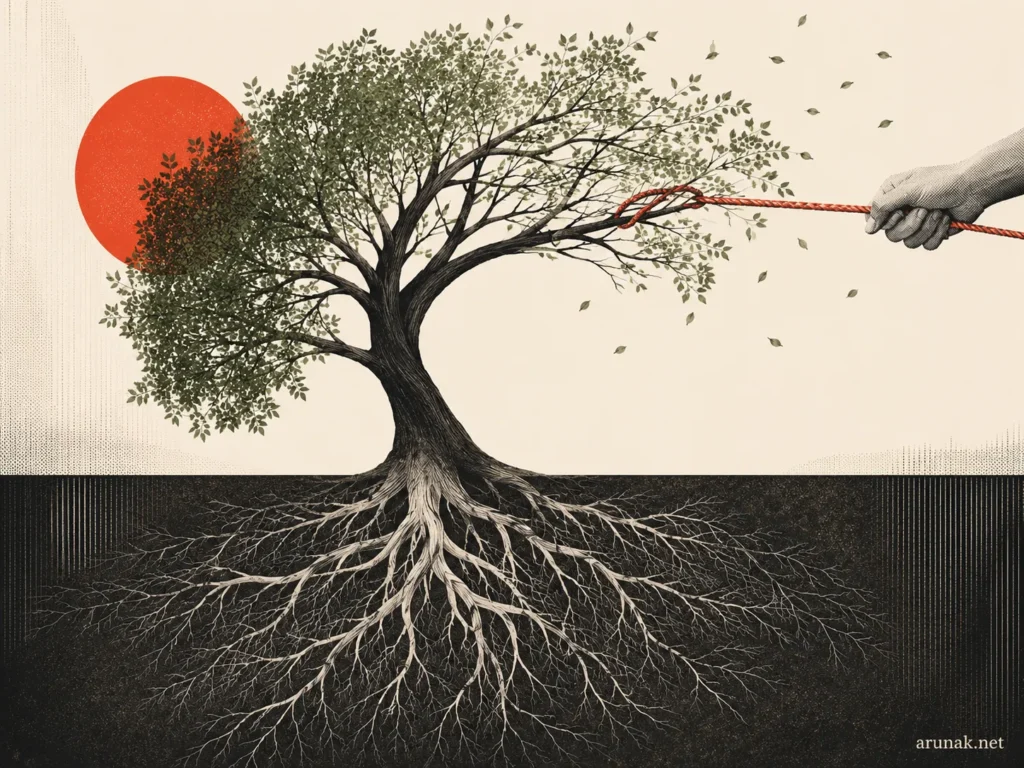 Editorial illustration for “You Are Not Born for a Job,” showing a tree pulled by its branch while deep roots stay fixed underground.