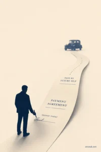 A man signs a payment agreement that unrolls toward a distant car, showing The Invisible Co-Signer as the future self.