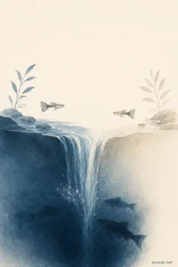 Minimal illustration for What Kind of Guppy Are You, showing two guppies above a waterfall and predators below in darker water.