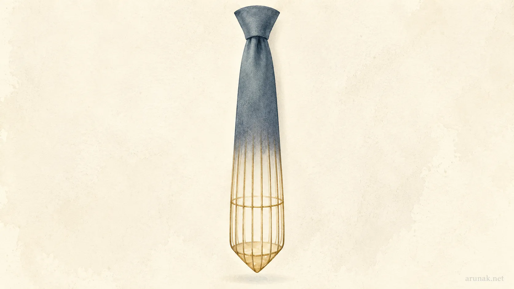A blue necktie dissolves into golden cage bars, symbolizing the competence trap of building a career around ability alone.