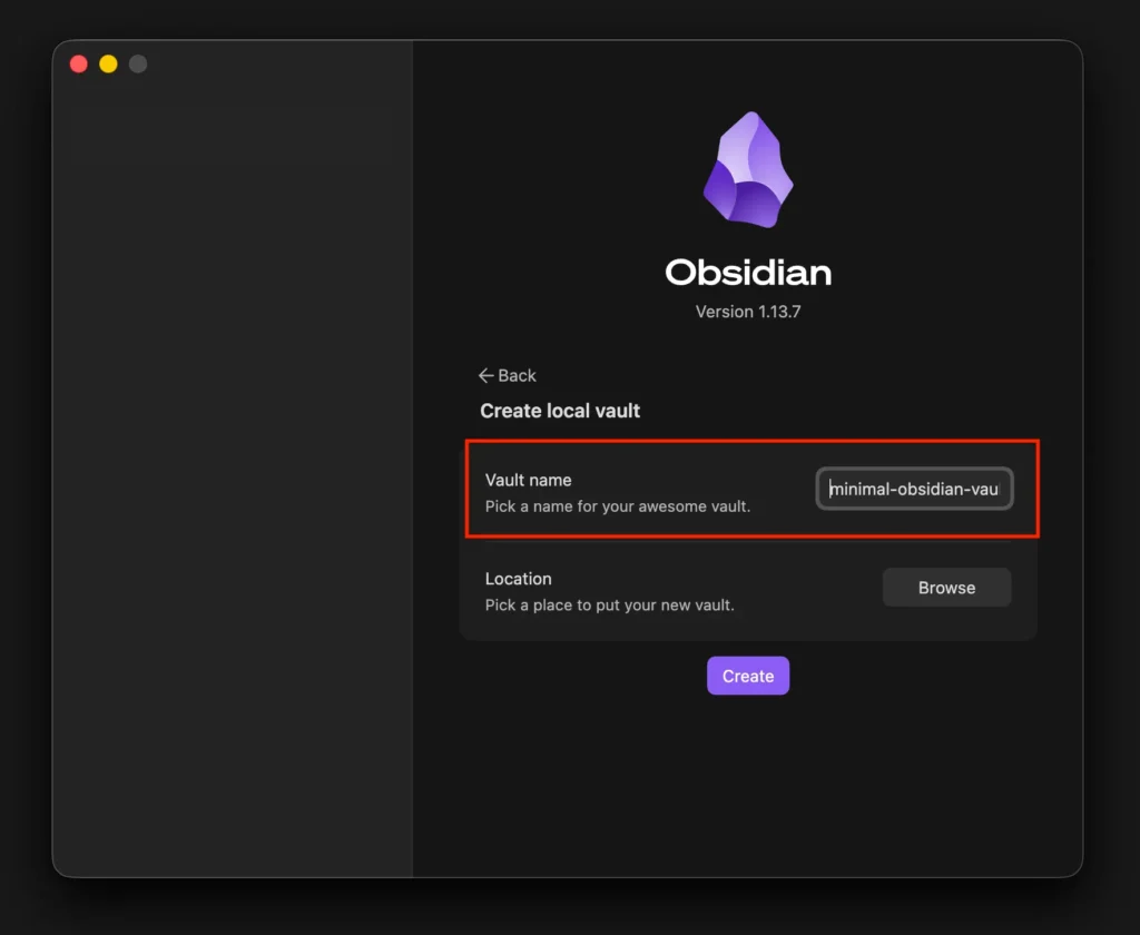 Obsidian Create local vault screen with the Vault name field highlighted and a sample vault name entered.