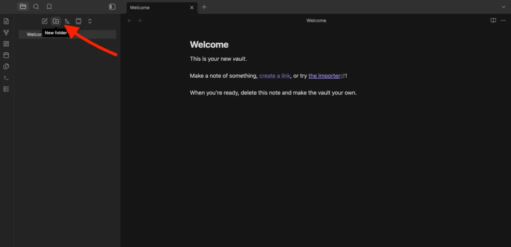Obsidian File explorer with the New folder button highlighted.