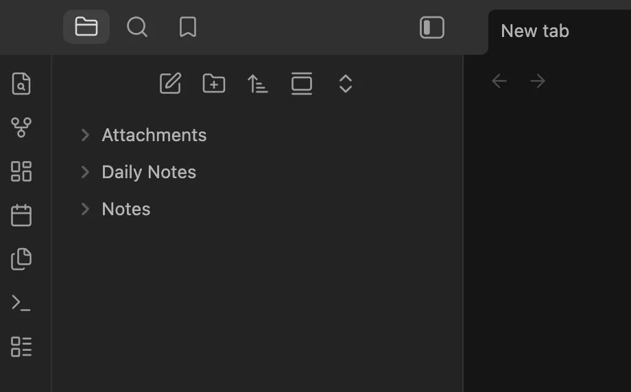 Obsidian File explorer showing the Attachments, Daily Notes, and Notes folders.