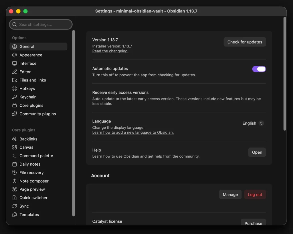 Obsidian Settings window with Files and links visible in the left sidebar.