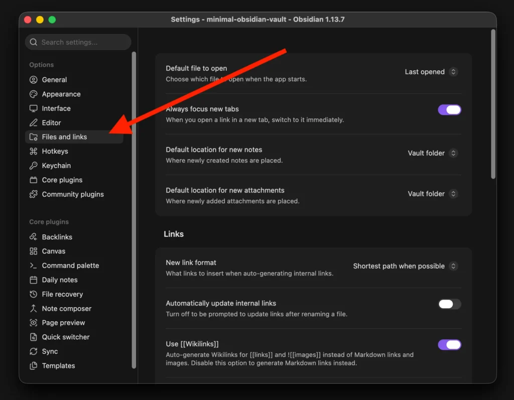 Obsidian Settings with Files and links highlighted in the left sidebar and the default note and attachment location options visible.