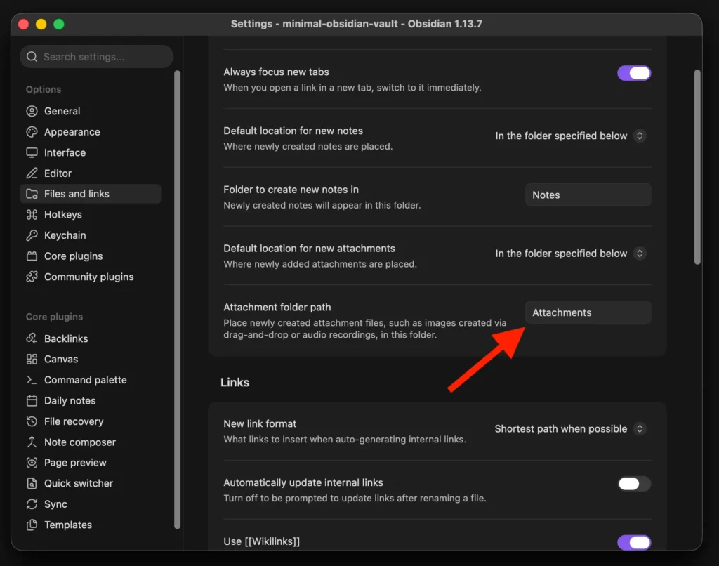 Obsidian Files and links settings with Attachments entered as the attachment folder path.