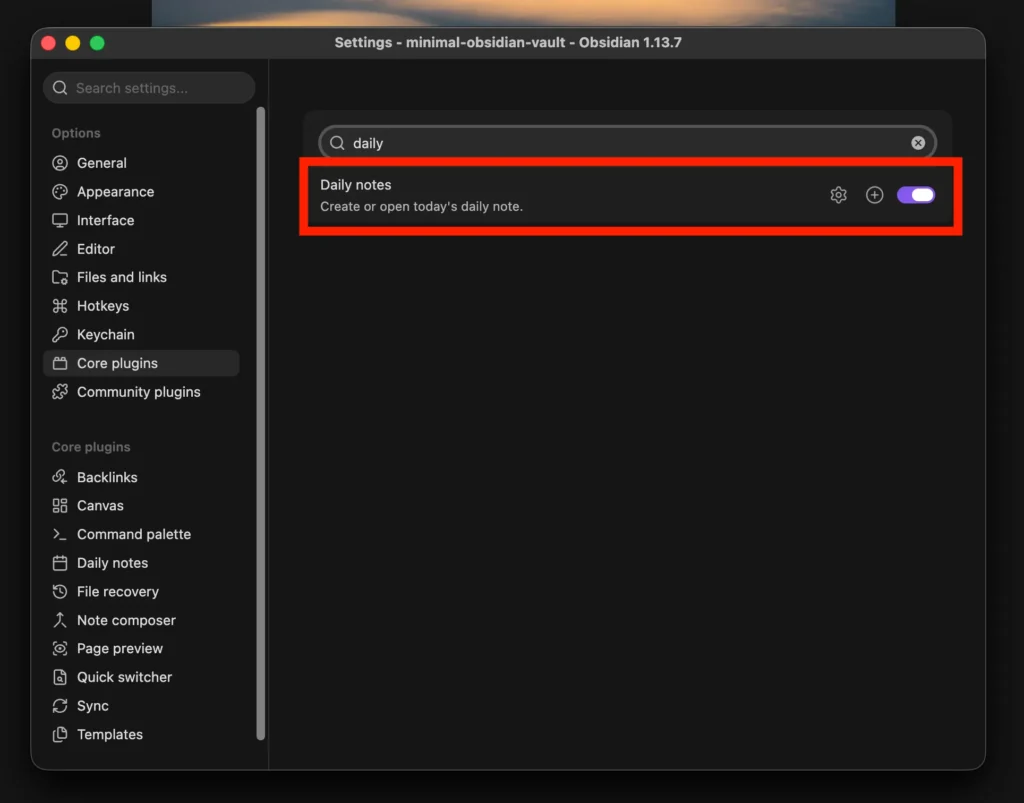 Obsidian Core plugins settings with Daily notes highlighted and enabled.