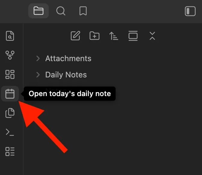 Obsidian left ribbon with Open today's daily note highlighted.