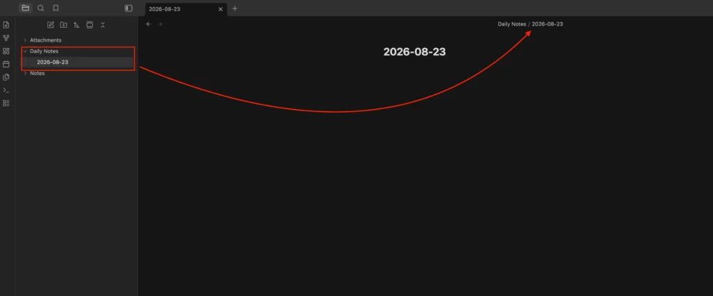 Obsidian showing the 2026-08-23 daily note stored inside the Daily Notes folder.