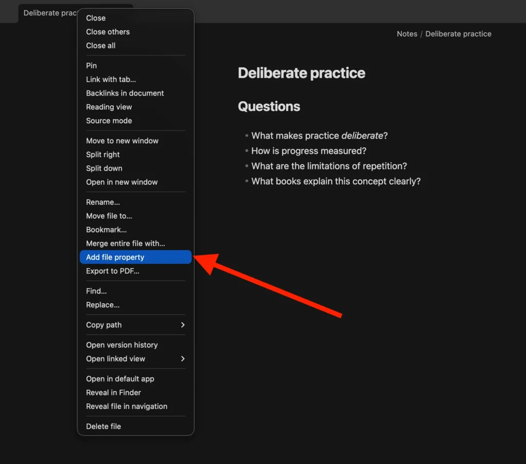 Obsidian note tab context menu with Add file property highlighted.