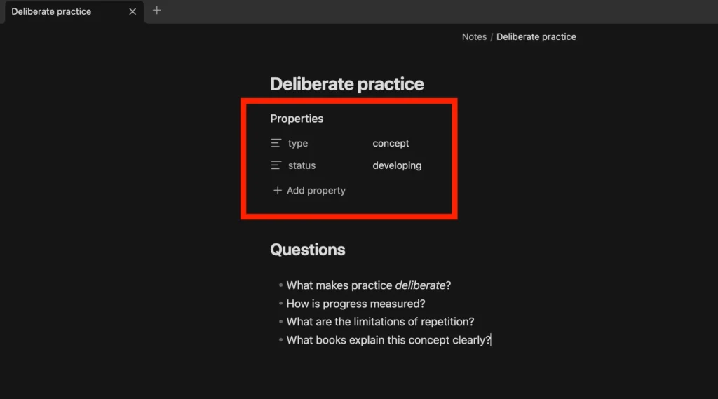 Obsidian Deliberate practice note showing type: concept and status: developing properties above the note content.
