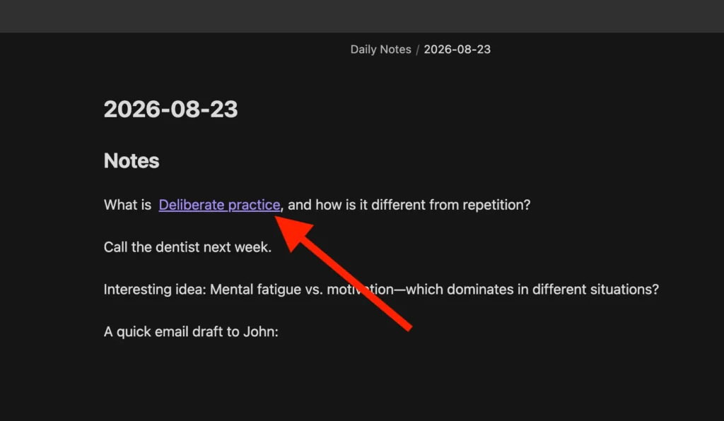 Obsidian daily note with Deliberate practice displayed as a clickable internal link.