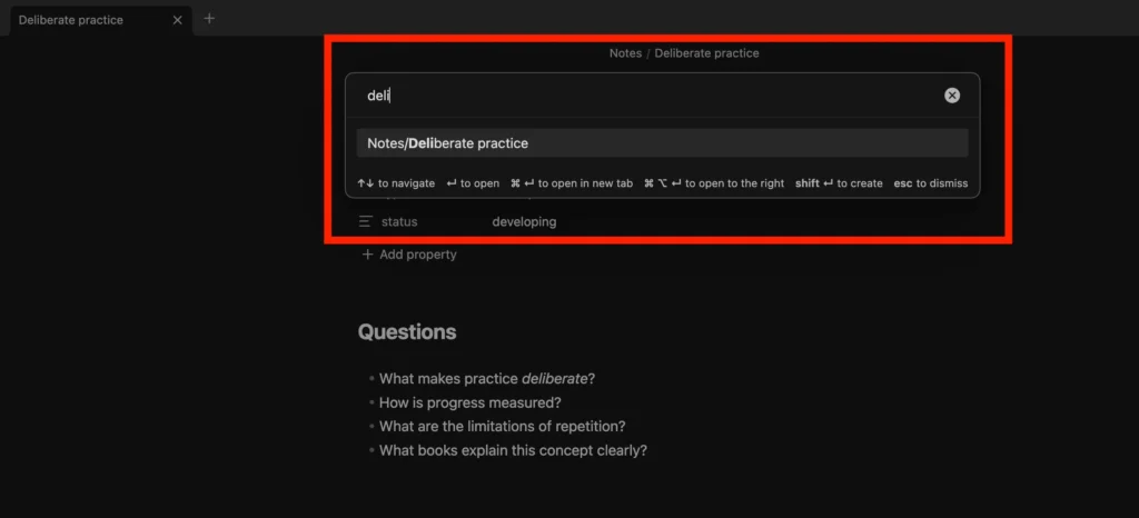 Obsidian Quick switcher showing Deliberate practice as the result for the search text deli.