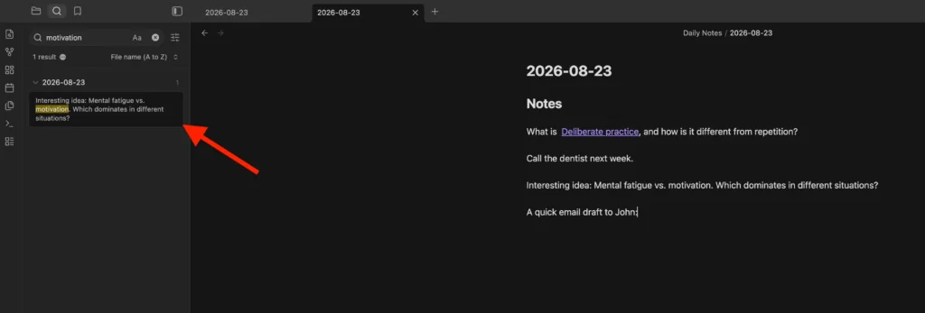Obsidian Search showing the term motivation matched inside the 2026-08-23 daily note.