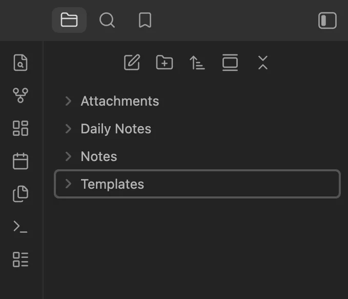 Obsidian File explorer showing the newly created Templates folder beneath Attachments, Daily Notes, and Notes.