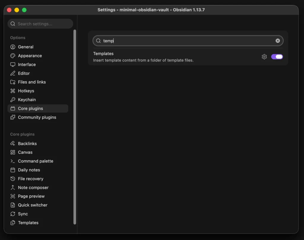 Obsidian Core plugins settings with Templates shown as enabled.