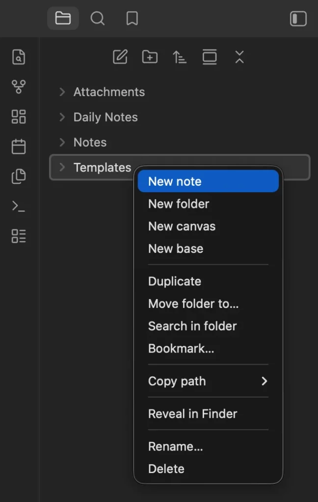 Obsidian File explorer with the Templates folder context menu open and New note selected.