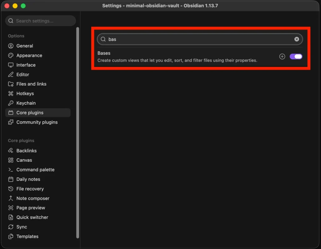Obsidian Core plugins settings with Bases shown as enabled.