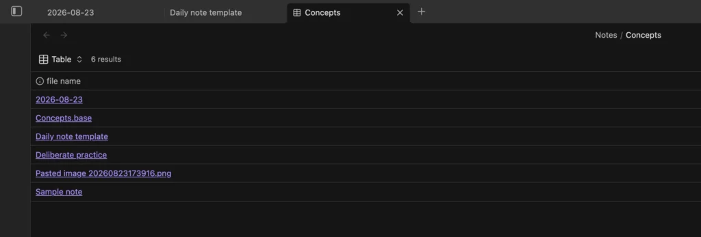 Obsidian Concepts Base in table view showing all six files in the vault before filtering.