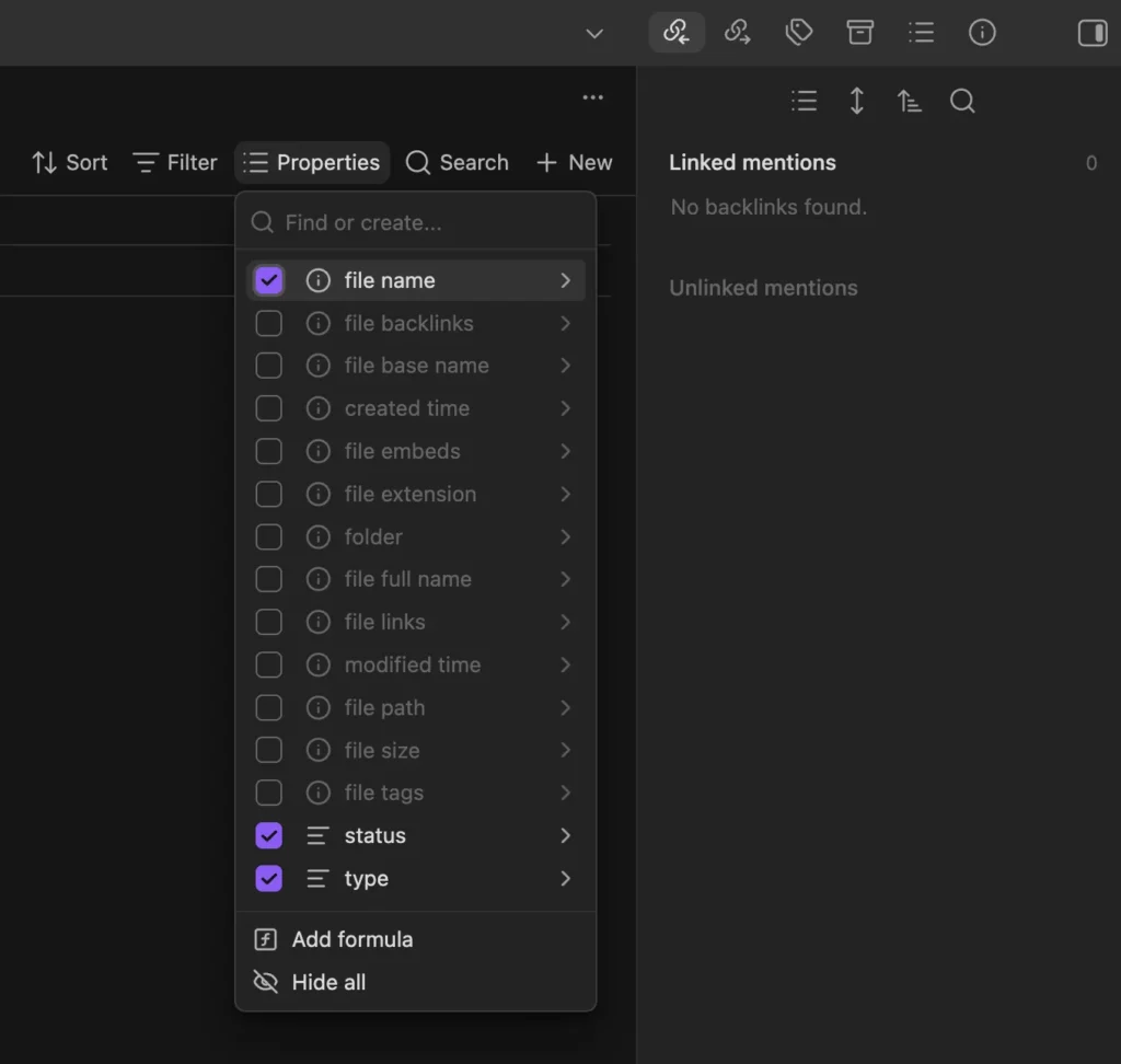 Obsidian Base Properties menu with status and type selected for display.