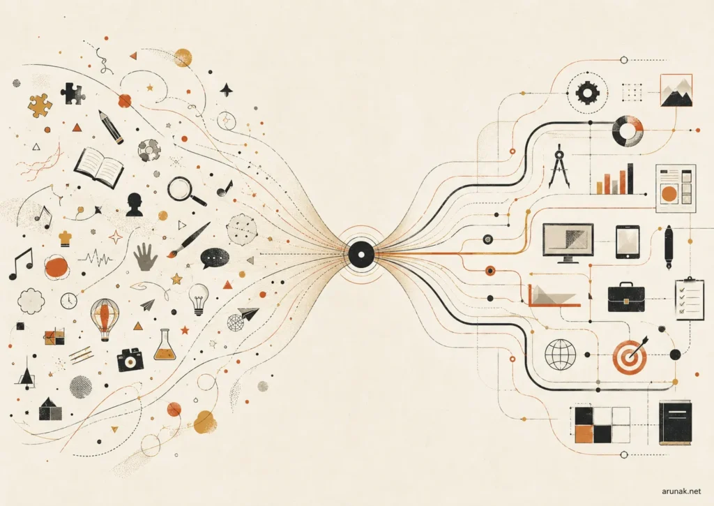 Mastery by Robert Greene infographic showing scattered interests narrowing into a core direction, then expanding into skills and opportunities.