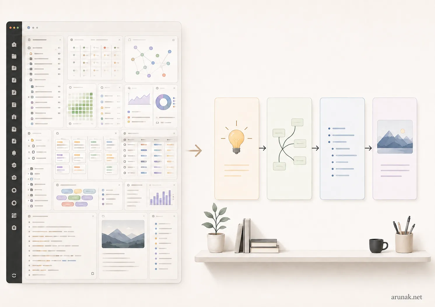 Ready-Made Obsidian Vaults shown as a crowded dashboard transforming into a simple workflow from idea to finished work.