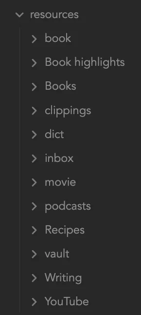 How to reverse-engineer an Obsidian workflow with a resources folder organized into books, clippings, podcasts, writing, and YouTube.