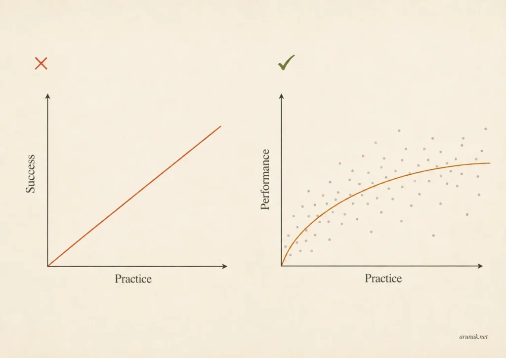 Comparison chart from Bounce by Matthew Syed showing why practice is not a straight line to success