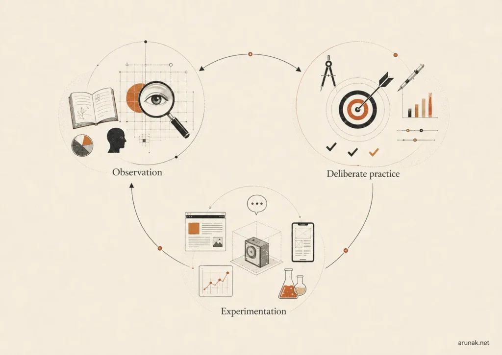 Mastery by Robert Greene apprenticeship cycle linking observation, deliberate practice, and experimentation through continuous feedback.