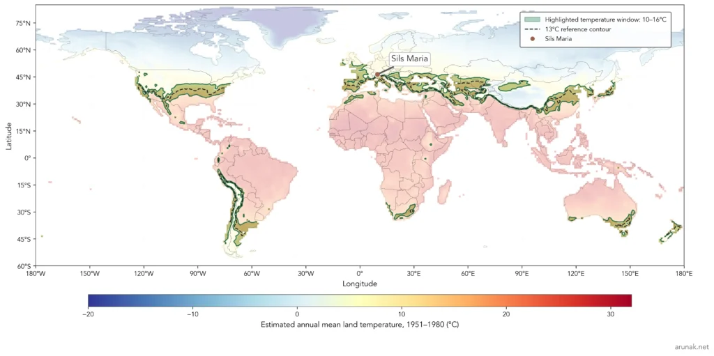 The global geography merged with the 10–16°C annual-temperature window