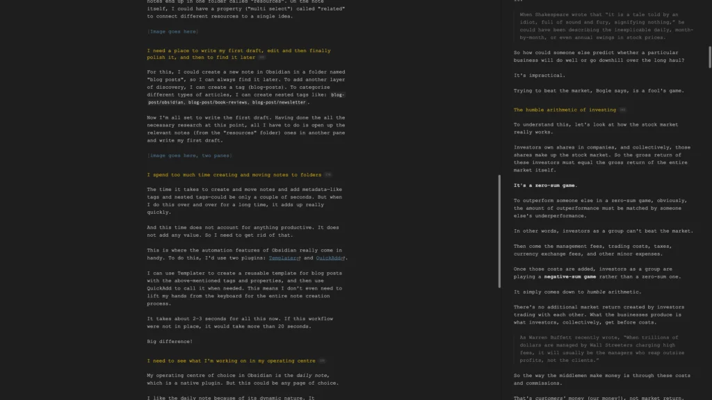 How to reverse-engineer an Obsidian workflow by writing a blog draft beside a reference note in a split-pane Obsidian workspace.