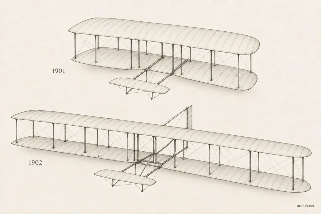 Illustrated comparison of the 1901 and 1902 Wright gliders, showing the iterative redesign at the heart of Productive Failure.