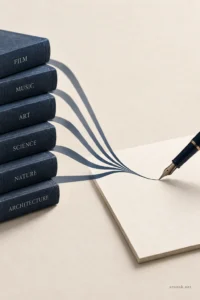 Domain mapping illustration with books on film, music, art, science, nature, and architecture converging into a pen on paper.