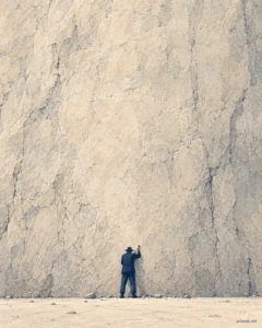 A lone man stands with a hammer raised before a towering rock wall, symbolizing persistence in The Beauty Is in the Attempt.