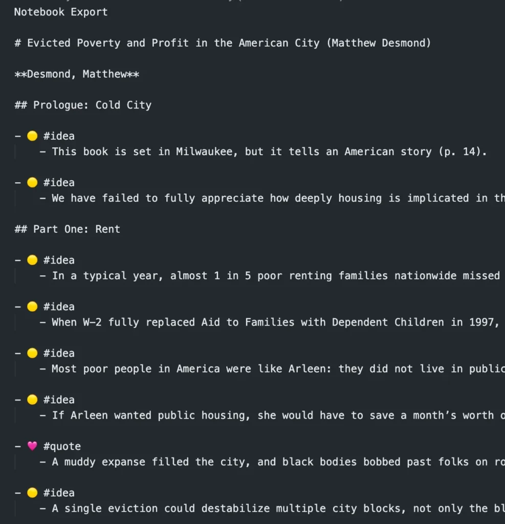 Kindle to Obsidian Markdown output for Evicted, with chapter headings, #idea and #quote tags, nested highlights, and a page citation.