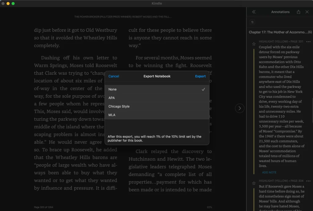For Kindle to Obsidian, the Export Notebook dialog offers citation styles and shows the publisher’s export limit.