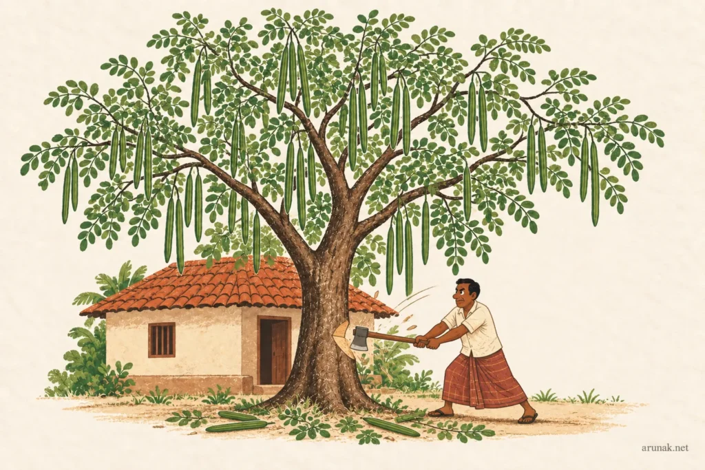 A man chops a pod-laden moringa tree outside his house, illustrating the story’s irony of destroying what could support him.
