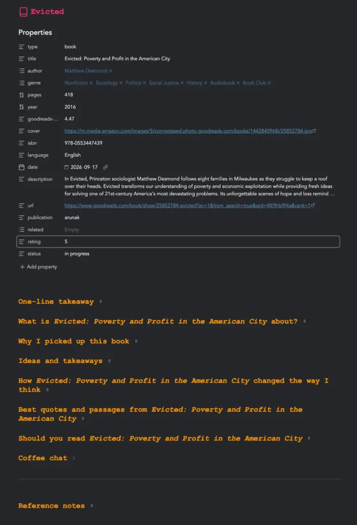book note combines author details, genres, ratings, and review headings as part of a Kindle to Obsidian workflow.