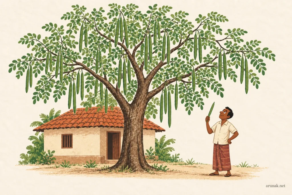 A villager holds a moringa pod and admires a leafy tree laden with long green pods outside his small tiled-roof house.