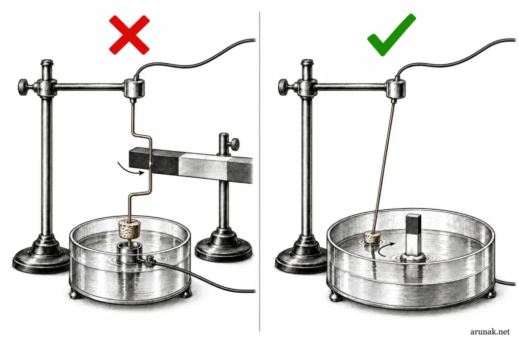 Faraday’s experimental setups: a red cross marks a horizontal magnet blocking the wire; a green tick marks a wire free to circle an upright magnet.