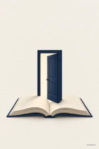 An open book supports a partly open navy door, illustrating how to get a foot in the door against all odds through learning.