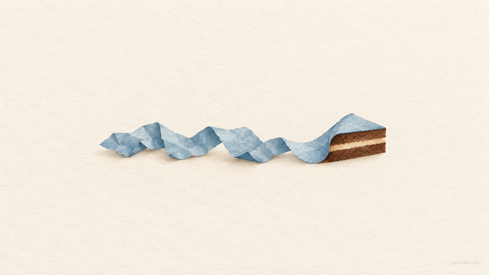 A crumpled blue paper path leads into a slice of chocolate cake, symbolising the reward that sustains effort during a career change.
