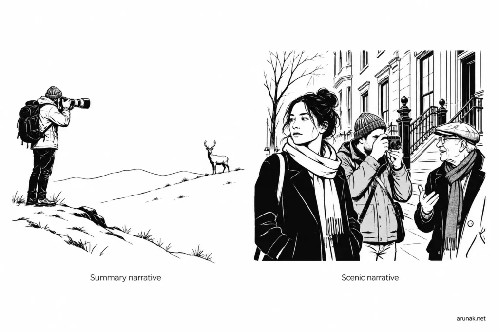 A distant deer and a close street scene illustrate summary versus scenic narrative in this note on Storycraft by Jack Hart.